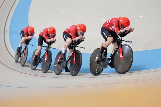 2025 Tissot UCI Track World Championships Picture by Alex Whitehead SWpix.com - 22 10 2025 - Cycling - 2025 Tissot UCI Track World Championships - Velodromo PenalolÃ n, Santiago, Chile - Men s Team Pursuit - Qualifying - Tobias Hansen (Denmark), Niklas Larsen (Denmark), Lasse Leth (Denmark), Rasmus Pedersen (Denmark) Copyright: x xSWpix.comx(t axPhotographyxHubxLtd)xAlexxWhitehead SWpix.comx SWP-3030-10437