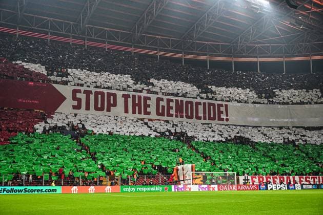 Galatasaray v Bodo Glimt - UEFA Champions League ISTANBUL, TURKIYE – OCTOBER 22: Galatasaray fans display a choreography reading Stop The Genocide in the colors of the Palestinian flag to show support for Palestine before the UEFA Champions League third-week match between Galatasaray and Bodo Glimt at RAMS Park in Istanbul, Turkiye on October 22, 2025. Elif Ozturk Anadolu Istanbul Turkey. Editorial use only. Please get in touch for any other usage.  Copyright: x2025xAnadoluxElifxOzturkx