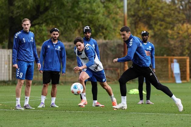 Max Geschwill 1 FC Magdeburg,28 vs Andi Hoti 1 FC Magdeburg,3 2 Soccer Bundesliga Season 2025 2026 Training 1 FC Magdeburg at the Avnet Arena in Magdeburg Soccer,Man,Men,Germany,22 10 2025