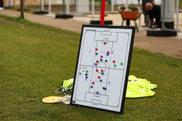 The tactics board on the sidelines 2 Soccer Bundesliga Season 2025 2026 Training 1 FC Magdeburg at the Avnet Arena in Magdeburg Soccer,Man,Men,Germany,22 10 2025