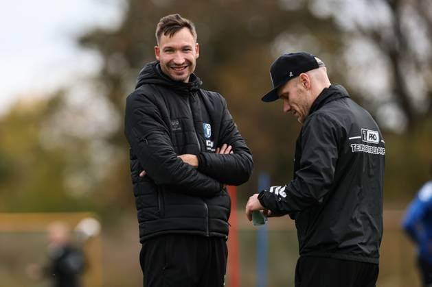 Coach Pascal Ibold l with co-coach Silvio Bankert 1 FC Magdeburg 2 Soccer Bundesliga Season 2025 2026 Training 1 FC Magdeburg at the Avnet Arena in Magdeburg Soccer,Man,Men,Germany,22 10 2025