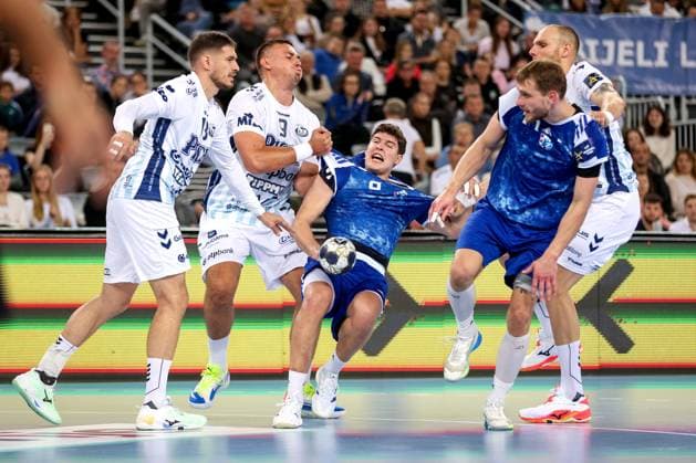 HC Zagreb v OTP Bank Pick Szeged: EHF Champions League Luka Lovre Klarica in action against Richard Bodo of Pick Szeged during the Men s EHF Champions League group B match between HC Zagreb and OTP Bank Pick Szeged at Arena Zagreb on October 22, 2025. in Zagreb, Croatia.  IgorxKralj PIXSELL