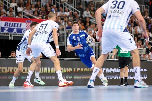 HC Zagreb v OTP Bank Pick Szeged: EHF Champions League Luka Lovre Klarica of HC Zagreb in action during the Men s EHF Champions League group B match between HC Zagreb and OTP Bank Pick Szeged at Arena Zagreb on October 22, 2025. in Zagreb, Croatia.  IgorxKralj PIXSELL