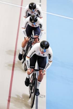 2025 Tissot UCI Track World Championships Picture by Alex Whitehead SWpix.com - 22 10 2025 - Cycling - 2025 Tissot UCI Track World Championships - Velodromo PenalolÃ n, Santiago, Chile - Men s Team Sprint - Qualifying - Nik Schroter (Germany), Luca Spiegel (Germany), Maximilian Dornbach (Germany) Copyright: x xSWpix.comx(t axPhotographyxHubxLtd)xAlexxWhitehead SWpix.comx SWP-3030-10477