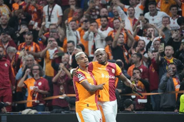 Victor Osimhen (R) of Galatasaray celebrates his goal with teammate Mario Lemina during the UEFA Champions League league phase match between Galatasaray SK and FK Bodo Glimt in Istanbul, Turkey, 22 October 2025. ( Copyright: DepoxPhotos 18868776