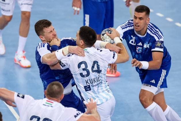 HC Zagreb v OTP Bank Pick Szeged: EHF Champions League Lazar Kukic of Pick Szeget in action against Adin Faljic (L) and Petar Topic (R) of HC Zagreb during the Men s EHF Champions League group B match between HC Zagreb and OTP Bank Pick Szeged at Arena Zagreb on October 22, 2025. in Zagreb, Croatia.  IgorxKralj PIXSELL