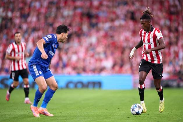 ESP: Athletic Club - Qarabag FK,. UEFA Champions League. Matchday 3. Nico Williams of Athletic Club, Matheus Silva of Qarabag FK during the UEFA Champions League match, between Athletic Club and Qarabag FK, matchday 3, played at San Mames Stadium on October 22, 2025 in Bilbao, Spain. kpng Copyright: xCesarxOrtizx xPRESSINx PS_241022_ATH_QAR_2526_040
