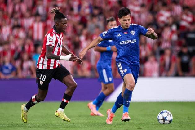 ESP: Athletic Club - Qarabag FK,. UEFA Champions League. Matchday 3. Matheus Silva of Qarabag FK, Nico Williams of Athletic Club during the UEFA Champions League match, between Athletic Club and Qarabag FK, matchday 3, played at San Mames Stadium on October 22, 2025 in Bilbao, Spain. kpng Copyright: xCesarxOrtizx xPRESSINx PS_241022_ATH_QAR_2526_053