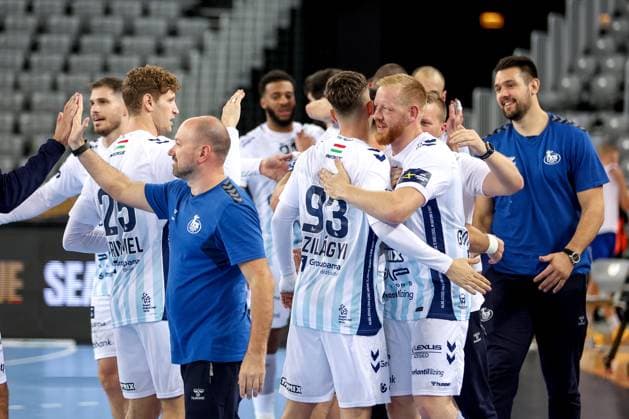HC Zagreb v OTP Bank Pick Szeged: EHF Champions League Players of Pick Szeget celebrate a victory during the Men s EHF Champions League group B match between HC Zagreb and OTP Bank Pick Szeged at Arena Zagreb on October 22, 2025. in Zagreb, Croatia.  IgorxKralj PIXSELL