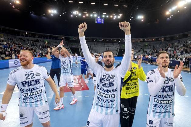 HC Zagreb v OTP Bank Pick Szeged: EHF Champions League Jim Gottfridsson, Mario Sostaric and Marin Jelinic of Pick Szeget celebrate a victory during the Men s EHF Champions League group B match between HC Zagreb and OTP Bank Pick Szeged at Arena Zagreb on October 22, 2025. in Zagreb, Croatia.  IgorxKralj PIXSELL