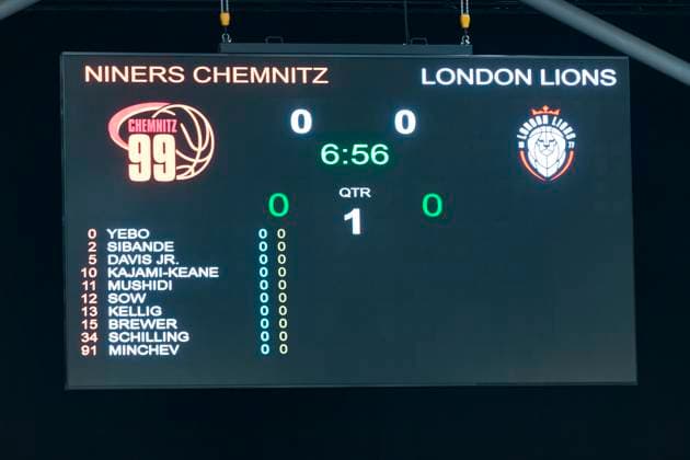 22 10 2025, xomx, Basketball BKT EuroCup, NINERS Chemnitz London Lions v l Problems with the scoreboard IN the first few minutes there was no score Chemnitz