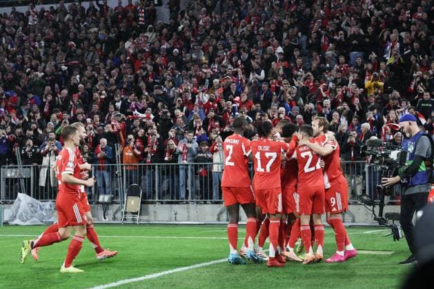 Bayern s Lennart Karl celebrates after scoring during a game between German club FC Bayern Munchen and Belgian soccer team Club Brugge, on Wednesday 22 October 2025 in Munich, Germany, on day three of the League phase of the UEFA Champions League tournament. BRUNOxFAHY  x137624362x
