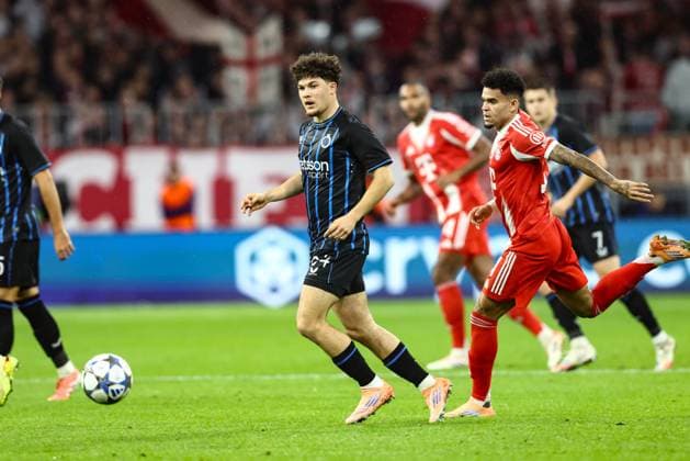 Club s Kyriani Sabbe pictured in action during a game between German club FC Bayern Munchen and Belgian soccer team Club Brugge, on Wednesday 22 October 2025 in Munich, Germany, on day three of the League phase of the UEFA Champions League tournament. BRUNOxFAHY  x137624374x