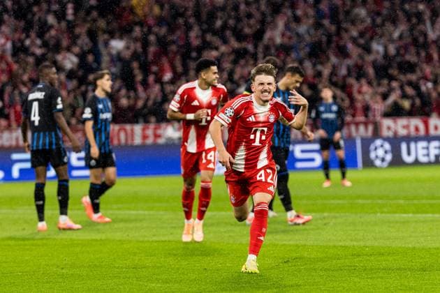 UEFA Champions League FC Bayern Munich vs Club Brugge KV, 22 10 2025 MUNICH, GERMANY OCTOBER 22 Lennart Karl FC Bayern Munich, 42 celebrates his 1 0 goal during the UEFA Champions League match between FC Bayern Munich vs Club Brugge KV at Allianz Arena on matchday 3 of the UEFA Champions League Season 2025 26 on October 22, 2025 in Munich, Germany Copyright: xBEAUTIFULxSPORTS Wunderlx