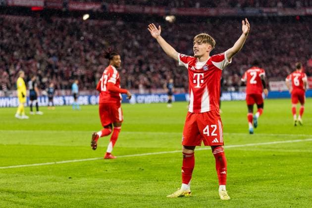 UEFA Champions League FC Bayern Munich vs Club Brugge KV, 22 10 2025 MUNICH, GERMANY OCTOBER 22 Lennart Karl FC Bayern Munich, 42 celebrates his 1 0 goal during the UEFA Champions League match between FC Bayern Munich vs Club Brugge KV at Allianz Arena on matchday 3 of the UEFA Champions League Season 2025 26 on October 22, 2025 in Munich, Germany Copyright: xBEAUTIFULxSPORTS Wunderlx