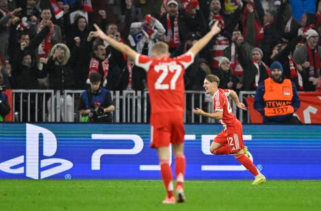 GOAL for 1 0 Lennart Karl Bayern Muenchen FCB 42 Goal celebration Konrad Laimer FC Bayern Muenchen FCB 27 FC Bayern Muenchen FCB vs Club Brugge FC Bruegge Matchday 03 22 10 2025 DFL REGULATIONS PROHIBIT ANY USE OF PHOTOGRAPHS AS IMAGE SEQUENCES AND OR QUASI VIDEO FC Bayern Muenchen FCB vs Club Brugge FC Bruegge