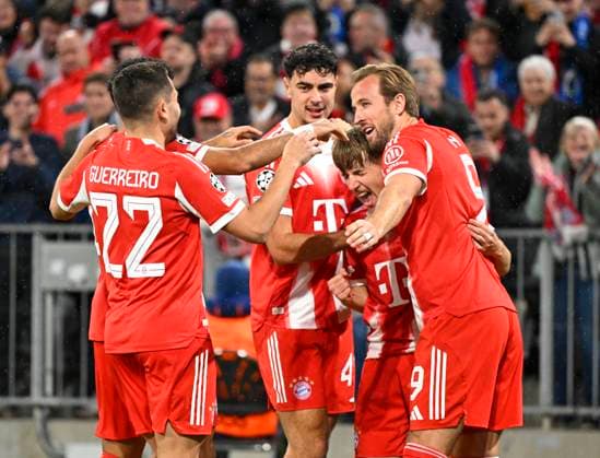 22 10 2025, Football UEFA Championsleague 2025 2026 Preliminary Round 3 Matchday, FC Bayern Munich Club Brugge, at the Allianz Arena Munich Lennart Karl FC Bayern Munich cheers with from left Raphael Guerreiro FC Bayern Munich , Aleksandar Pavlovic FC Bayern Munich , Lennart Karl FC Bayern Munich and Harry Kane FC Bayern Munich DFL and DFB regulations prohibit any use of photographs as image sequences and or quasi video