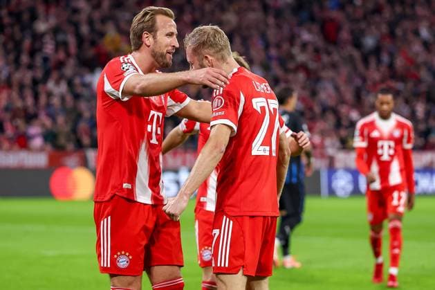 22 10 2025, Football, UEFA Champions League, FC Bayern München Club Brugge, Allianz Arena, Season 2025 2026 Goal celebration after the goal to 2 0 by scorer Harry Kane FC Bayern Muenchen 09 together with Konrad Laimer FC Bayern Muenchen 27 Regulations prohibit any use of photographs as image sequences and or quasi video Bayern Germany