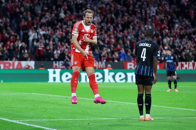 Soccer Champions League matchday 3 FC Bayern Munich FC Bruges on 22 10 2025 at the Allianz Arena in Munich Goal celebration for 2 0 by Harry Kane Munich xMSx