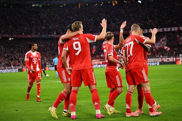 Bayern Munchen v Club Brugge - UEFA Champions League MUNICH, GERMANY - OCTOBER 22 : Kane Harry forward of Bayern Munchen celebrates scoring a goal with teammates during the UEFA Champions League 2025 26 League Phase MD3 match between Bayern Munchen and Club Brugge on October 22, 2025 in Munich, Germany, 22 10 2025 Munich Germany  Copyright: xTomasxSiskx
