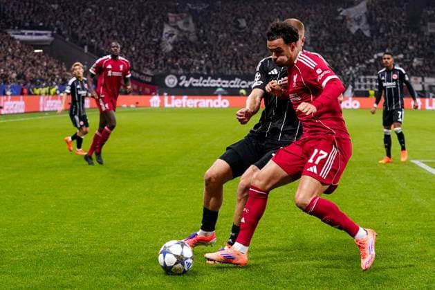 2025-10-22 Eintracht Frankfurt v Liverpool FC - UEFA Champions League 2025 26 League Phase MD3 FRANKFURT AM MAIN, GERMANY - OCTOBER 22: Curtis Jones of Liverpool FC during the UEFA Champions League 2025 26 League Phase MD3 match between Eintracht Frankfurt and Liverpool FC at Deutsche Bank Park on October 22, 2025 in Frankfurt am Main, Germany. Frankfurt am Main Deutsche Bank Park Germany Content not available for redistribution in The Netherlands directly or indirectly through any third parties. Copyright: xAndrexWeeningx