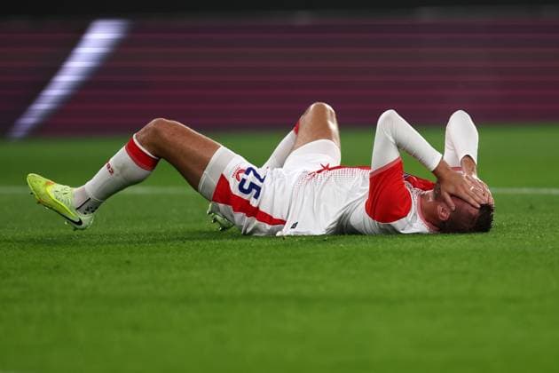 Tomas Chory (SK Slavia Praha) lies on the ground, UEFA Champions League 2025 26 League Phase MD3, Atalanta BC v SK Slavia Praha, Gewiss Stadium, October 22, 2025, Bergamo, Italy.