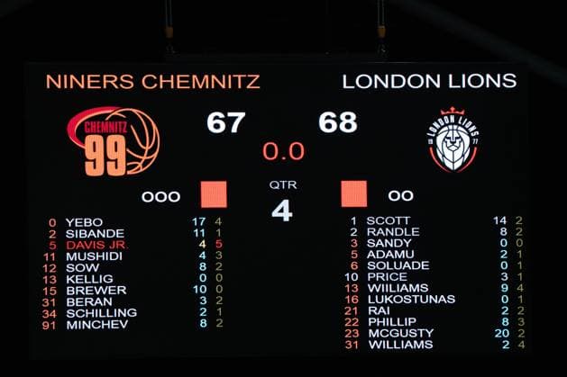 Chemnitz, Germany October 22, 2025 BKT EuroCup 2025 2026 Niners Chemnitz vs London Lions In the picture scoreboard with final score 67 68 Copyright: xFotostandx xNachtigallx