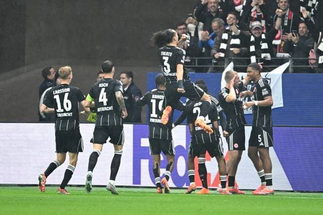 Soccer UEFA Champions League Matchday 3 Eintracht Frankfurt FC Liverpool on 22 10 2025 at Deutsche Bank Park in Frankfurt Goal celebration to 1 0 by Rasmus Kristensen Frankfurt xJKx
