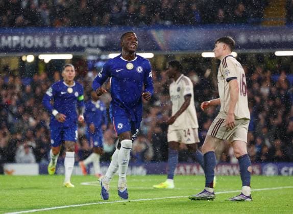 London, England, 22nd October 2025. Moises Caicedo of Chelsea celebrates scoring their second goal during the Chelsea vs Ajax UEFA Champions League match at Stamford Bridge, London. Picture credit should read: Paul Terry Sportimage EDITORIAL USE ONLY. No use with unauthorised audio, video, data, fixture lists, club league logos or live services. Online in-match use limited to 120 images, no video emulation. No use in betting, games or single club league player publications. SPI_041_PT_Chelsea_Ajax SPI-4230-0039