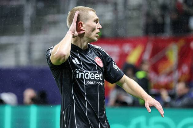 Rasmus Kristensen Eintracht Frankfurt,13 celebrates after his goal UEFA Champions League, Matchday 3 Eintracht Frankfurt FC Liverpool on 22 10 25 at Deutsche Bank Park, Frankfurt Frankfurt Deutsche Bank Park Frankfurt Germany Copyright: xAlfioxMarinox