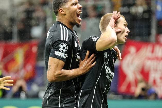 Rasmus Kristensen Eintracht Frankfurt,13 celebrates after his goal with his teammates UEFA Champions League, Matchday 3 Eintracht Frankfurt FC Liverpool on 22 10 25 at Deutsche Bank Park, Frankfurt Frankfurt Deutsche Bank Park Frankfurt Germany Copyright: xAlfioxMarinox