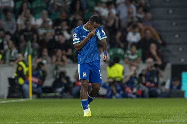 Igor Paixao 14 Olympique de Marseille celebrating after scoring teams fgirst goal during the UEFA Champions League match between Sporting CP vs Olympique de Marseille at Estadio Jose Alvalade on October 22nd,2025 (Photo by Joao Bravo Sports Press Photo) Copyright: xJoaoxBravox Sportspressphoto_SPR46386