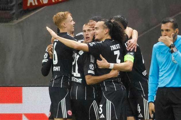Goal celebration Eintracht Frankfurt at 1 0 by Rasmus Kristensen Eintracht Frankfurt, 13 , Germany, UEFA Champions League, Matchday 3, 2025 2026, Eintracht Frankfurt vs FC Liverpool, 22 10 2025, Frankfurt Stadion, Frankfurt, Germany Frankfurt Frankfurt Stadion Hessen Germany Copyright: xGrantxHubbsx