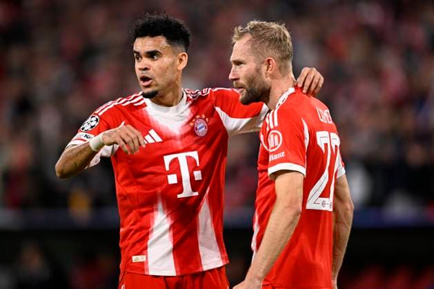 Bayern Munchen v Club Brugge - UEFA Champions League MUNICH, GERMANY - OCTOBER 22 : Diaz Luis forward of Bayern Munchen celebrates scoring a goal with teammate Laimer Konrad midfielder of Bayern Munchen during the UEFA Champions League 2025 26 League Phase MD3 match between Bayern Munchen and Club Brugge on October 22, 2025 in Munich, Germany, 22 10 2025 Munich Germany  Copyright: xTomasxSiskx