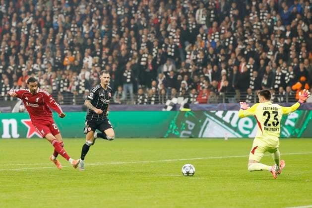 v l Hugo Ekitike Liverpool FC, 22 , Goal scored, scored the goal to 1 1, celebrate the goal, Robin Koch Eintracht Frankfurt, 4 and goalkeeper Michael Zetterer Eintracht Frankfurt, 23 , 22 10 2025, Football, Uefa Champions League, Eintracht Frankfurt Liverpool FC, GER, Frankfurt am Main, Deutsche Bank Park Copyright: HMBxMedia xHeikoxBecker