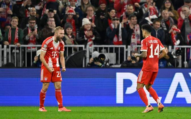GOAL for 3 0 Luis Diaz FC Bayern Muenchen FCB 14 Goal celebration Konrad Laimer FC Bayern Muenchen FCB 27 FC Bayern Muenchen FCB vs Club Brugge FC Bruegge Matchday 03 22 10 2025 DFL REGULATIONS PROHIBIT ANY USE OF PHOTOGRAPHS AS IMAGE SEQUENCES AND OR QUASI VIDEO FC Bayern Muenchen FCB vs Club Brugge FC Bruegge