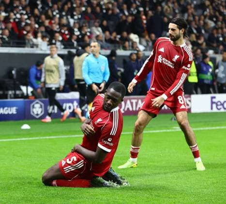 Ibrahima Konate of Liverpool celebrates scoring his sides third goal Eintracht Frankfurt v Liverpool, UEFA Champions League, Group Stage, Football, Deutsche Bank Park, Frankfurt, Germany - 22 Oct 2025Frankfurt Deutsche Bank Park Germany EDITORIAL USE ONLY No use with unauthorised audio, video, data, fixture lists, club league logos or live services. Online in-match use limited to 120 images, no video emulation. No use in betting, games or single club league player publications.  Copyright: xMichaelxZemanek Shutterstockx 15558828ac