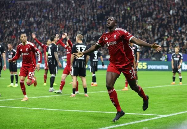 Ibrahima Konate of Liverpool celebrates scoring his sides third goal Eintracht Frankfurt v Liverpool, UEFA Champions League, Group Stage, Football, Deutsche Bank Park, Frankfurt, Germany - 22 Oct 2025Frankfurt Deutsche Bank Park Germany EDITORIAL USE ONLY No use with unauthorised audio, video, data, fixture lists, club league logos or live services. Online in-match use limited to 120 images, no video emulation. No use in betting, games or single club league player publications.  Copyright: xMichaelxZemanek Shutterstockx 15558828ab