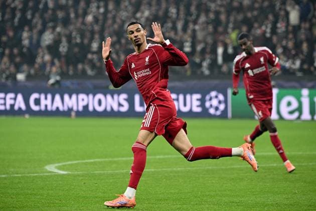 22 10 2025, xjhx, Football UEFA Champions League, Eintracht Frankfurt FC Liverpool v l Hugo Ekitike FC Liverpool after the goal to 1 1 UEFA REGULATIONS PROHIBIT ANY USE OF PHOTOGRAPHS as IMAGE SEQUENCES and or QUASI VIDEO Frankfurt am Main