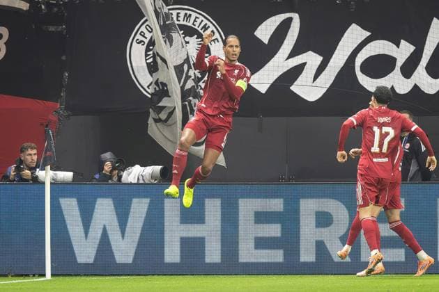 UEFA Champions League Matchday 3 of 8 Eintracht Frankfurt v Liverpool Virgil van Dijk of Liverpool scores and celebrates, 1-2, during the UEFA Champions League Matchday 3 of 8 Eintracht Frankfurt vs Liverpool at Deutsche Bank Park, Frankfurt, Germany, 22nd October 2025 (Photo by Ian Stephen News Images) Copyright: xIanxStephen NewsxImagesx