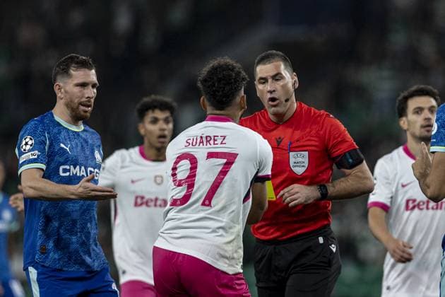 Referee Rade Obrenovic reacts during the UEFA Champions League match between Sporting CP vs Olympique de Marseille at Estadio Jose Alvalade on October 22nd,2025 (Photo by Joao Bravo Sports Press Photo) Copyright: xJoaoxBravox Sportspressphoto_SPR46401