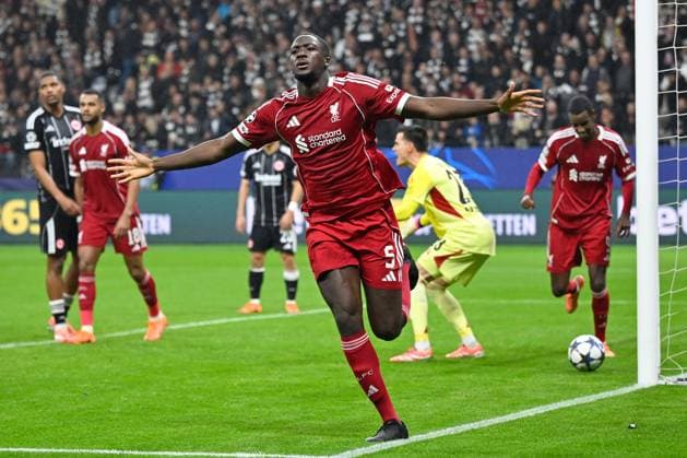 Frankfurt, Deutsche Bank Park, 22 10 25, GER, Men, UEFA Champions Leaugue, Season 2025 2026, Eintracht Frankfurt FC Liverpool Picture Ibrahima KONATE Liverpool cheers after his goal to 1 3 UEFA regulations prohibit any use of photographs as image sequences and or quasi video Hessen Germany