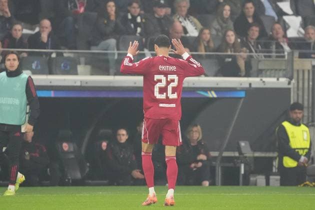 celebrate the goal, goal celebration for 1 1 Hugo Ekitike Liverpool FC almost apologizing to Frankfurt Frankfurt 22 10 2025 Eintracht Frankfurt vs Liverpool FC, Deutsche Bank Park, UEFA Champions League