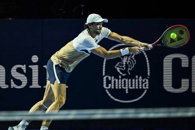 22nd October 2025; St. Jakobshalle, Basel, Switzerland; 2025 ATP, Tennis Herren Swiss Indoor Tennis Day 4; Valentin Vacherot (MON) in action during the match against Taylor Fritz (USA) in the first round  DavidxEmm