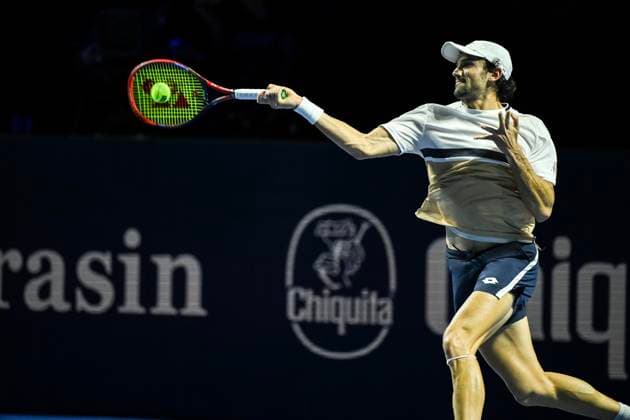 22nd October 2025; St. Jakobshalle, Basel, Switzerland; 2025 ATP, Tennis Herren Swiss Indoor Tennis Day 4; Valentin Vacherot (MON) in action during the match against Taylor Fritz (USA) in the first round  DavidxEmm