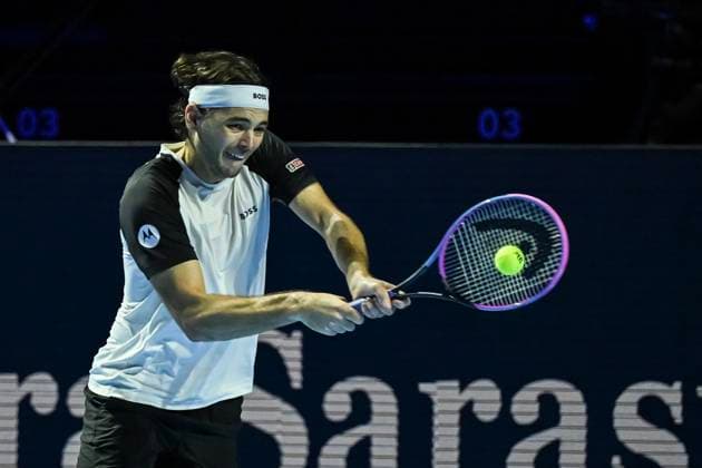 22nd October 2025; St. Jakobshalle, Basel, Switzerland; 2025 ATP, Tennis Herren Swiss Indoor Tennis Day 4; Taylor Fritz (USA) in action during the match against Valentin Vacherot (MON) in the first round  DavidxEmm