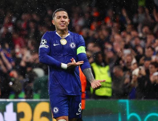 London, England, 22nd October 2025. Enzo Fernandez of Chelsea celebrates scoring their third goal during the Chelsea vs Ajax UEFA Champions League match at Stamford Bridge, London. Picture credit should read: Paul Terry Sportimage EDITORIAL USE ONLY. No use with unauthorised audio, video, data, fixture lists, club league logos or live services. Online in-match use limited to 120 images, no video emulation. No use in betting, games or single club league player publications. SPI_056_PT_Chelsea_Ajax SPI-4230-0054