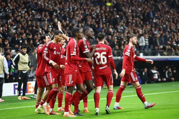 Ibrahima Konate of Liverpool celebrates scoring his sides third goal with team-mates Eintracht Frankfurt v Liverpool, UEFA Champions League, Group Stage, Football, Deutsche Bank Park, Frankfurt, Germany - 22 Oct 2025Frankfurt Deutsche Bank Park Germany EDITORIAL USE ONLY No use with unauthorised audio, video, data, fixture lists, club league logos or live services. Online in-match use limited to 120 images, no video emulation. No use in betting, games or single club league player publications.  Copyright: xMichaelxZemanek Shutterstockx 15558828ak