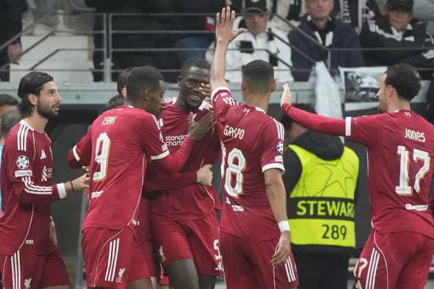 celebrate the goal, goal celebration for 1 3 Ibrahima Konate Liverpool FC Frankfurt 22 10 2025 Eintracht Frankfurt vs Liverpool FC, Deutsche Bank Park, UEFA Champions League