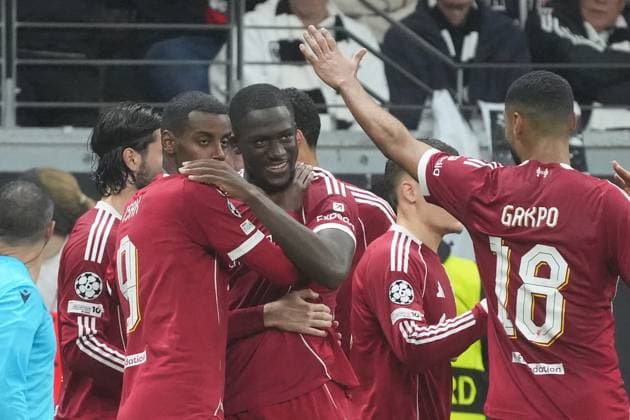 celebrate the goal, goal celebration for 1 3 Ibrahima Konate Liverpool FC Frankfurt 22 10 2025 Eintracht Frankfurt vs Liverpool FC, Deutsche Bank Park, UEFA Champions League